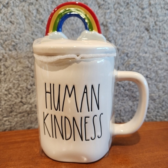 Rae Dunn HUMAN KINDNESS Coffee Tea Mug Cup with Rainbow Topper Pride - Picture 1 of 3